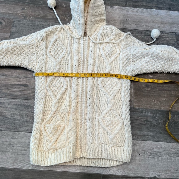 Native Inka 100% Wool Elf Hooded Chunky Sweater Fisherman Cable Pom Pom Long - Picture 8 of 11